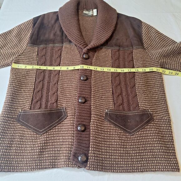 Vintage Studio One By Campus Brown Knit Suede Cardigan Sweater Grandpacore Sz XL - Picture 5 of 11